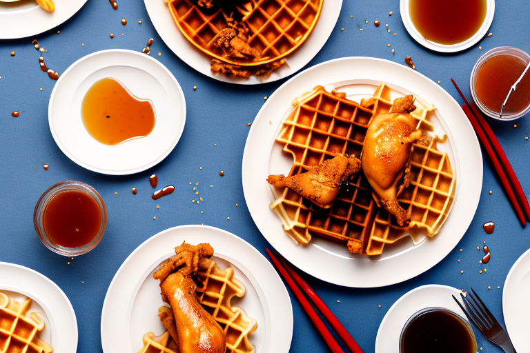 A plate of chicken and waffles with a spicy syrup poured over the top