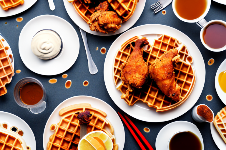 A plate of chicken and waffles with various cooking techniques highlighted