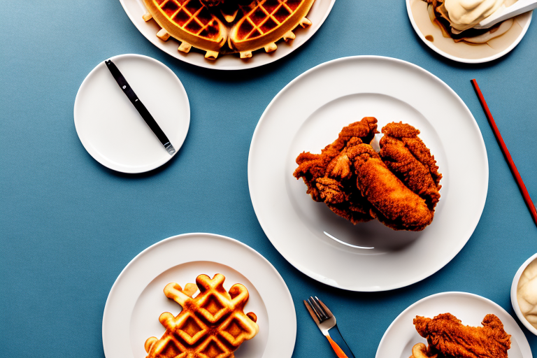 A plate with a stack of gluten-free waffles topped with fried chicken