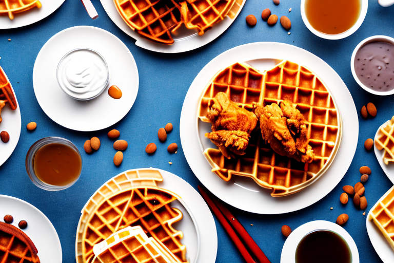 A plate of chicken and waffles with a variety of different waffle batters