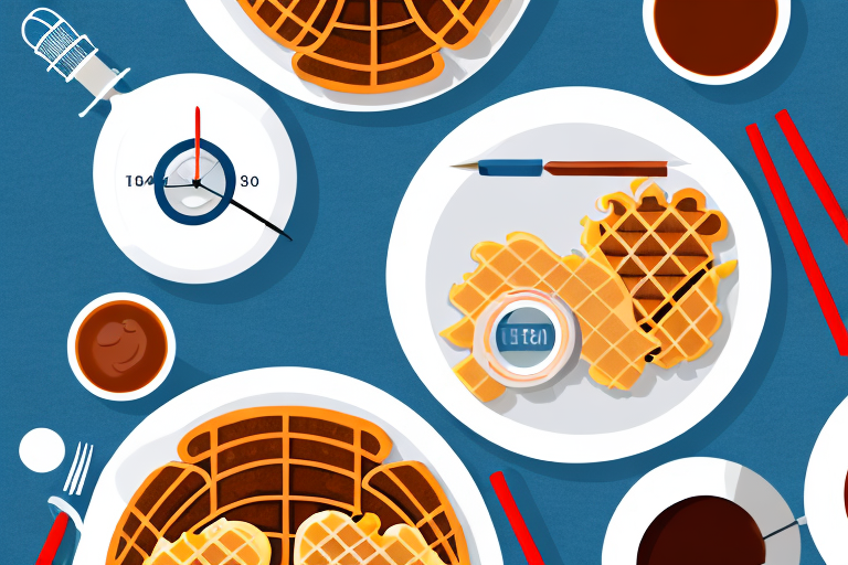 A plate of chicken and waffles with a thermometer inserted into the chicken