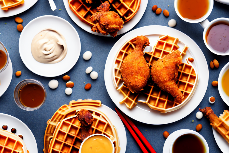 A plate of chicken and waffles with various breading techniques visible