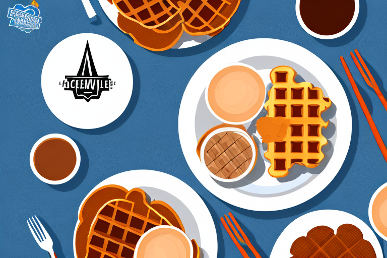 A plate of chicken and waffles with a celebrity endorsement or partnership logo in the background