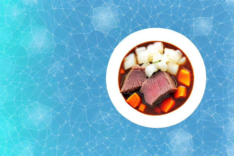 A bowl of beef stew with a layer of ice crystals on top