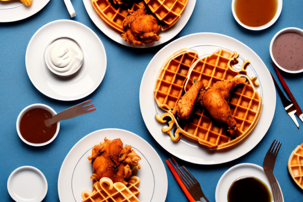 What are some common plating techniques for chicken and waffles?