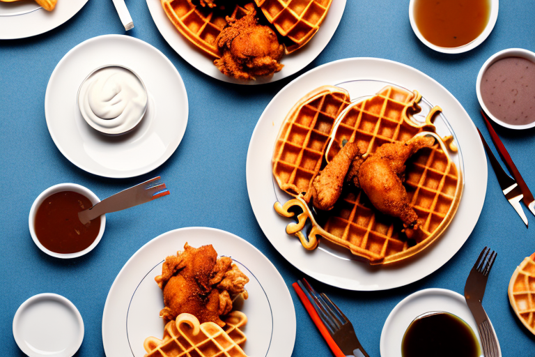 A plate of chicken and waffles with a variety of plating techniques