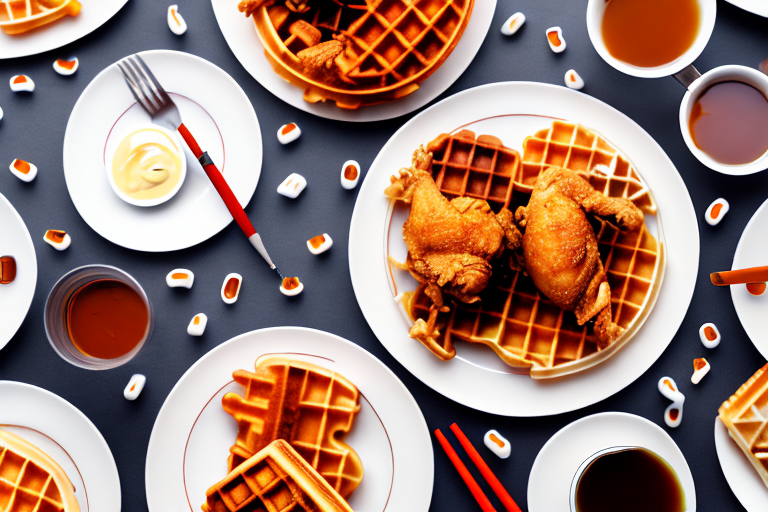 A plate of chicken and waffles with a background of traditional cultural symbols