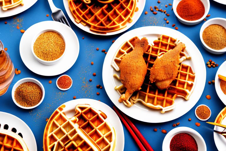 A plate of chicken and waffles with a unique seasoning on the waffles