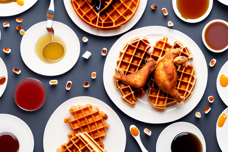 A plate of chicken and waffles with a variety of different syrups