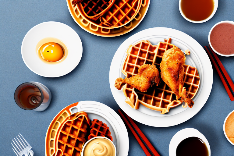 A plate of chicken and waffles with a variety of cooking methods shown
