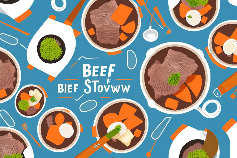 A bowl of beef stew with a selection of sides around it