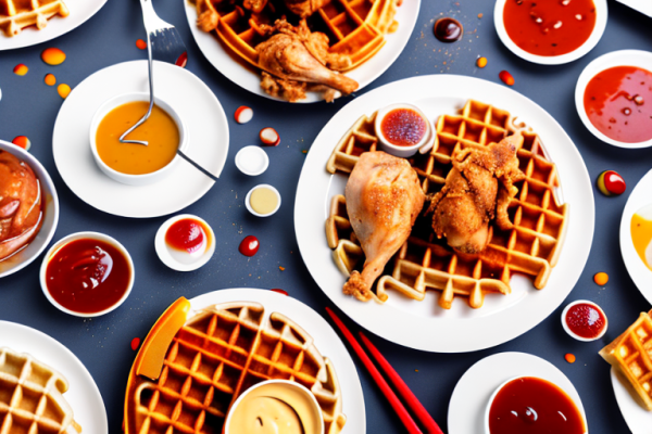 What are some common plating styles for chicken and waffles?