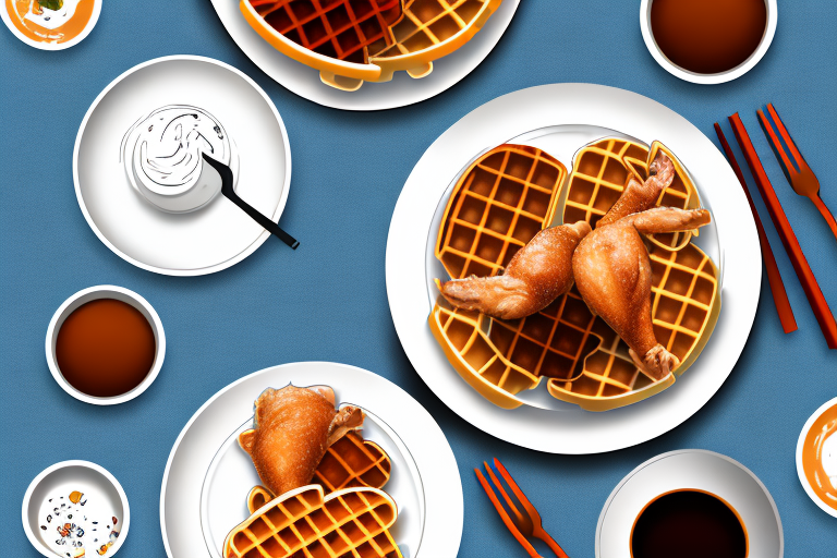A plate of chicken and waffles with a vintage feel