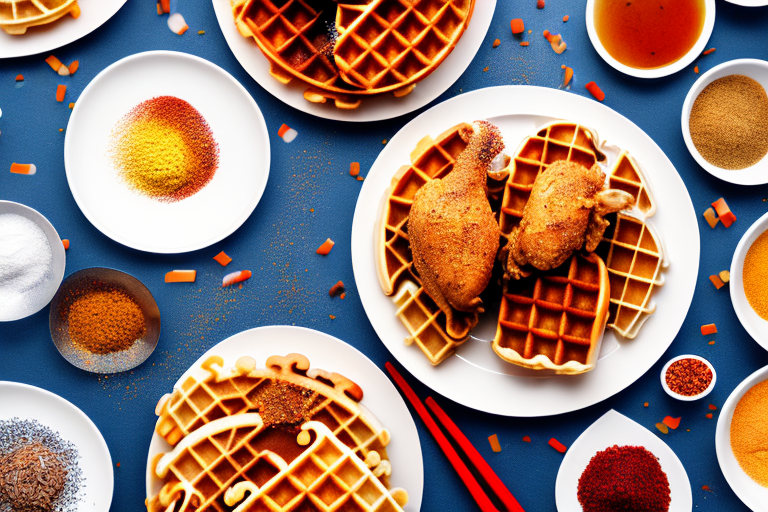 A plate of chicken and waffles with a variety of seasonings sprinkled over the top