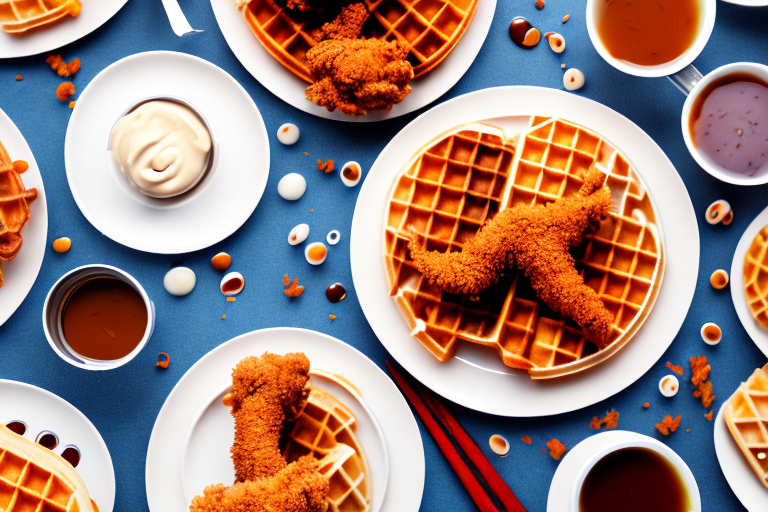 A plate of chicken and waffles with a unique breading technique