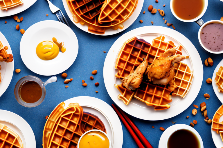 A plate of chicken and waffles with various cooking methods used to prepare the waffles