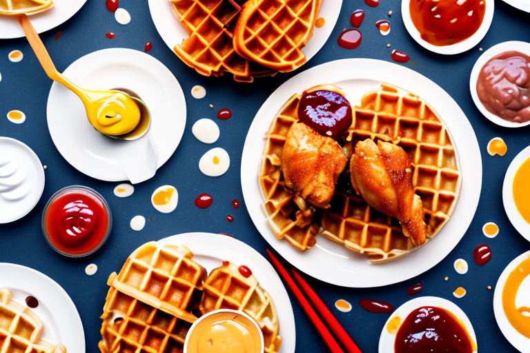 A plate of chicken and waffles with a variety of condiments and toppings to add a tangy flavor