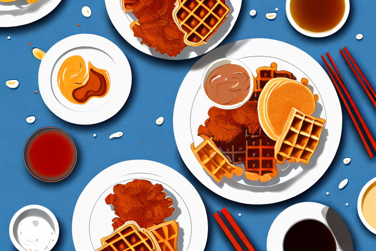 A plate of chicken and waffles with a side of syrup