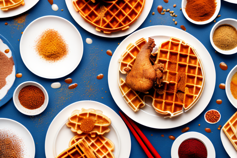 A plate of chicken and waffles with various seasoning blends scattered around it