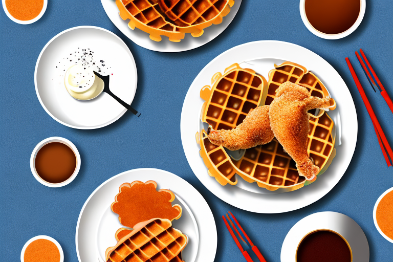 A plate of chicken and waffles with a variety of different chicken coating thicknesses