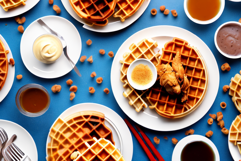 A plate of chicken and waffles with a variety of waffle batter consistencies