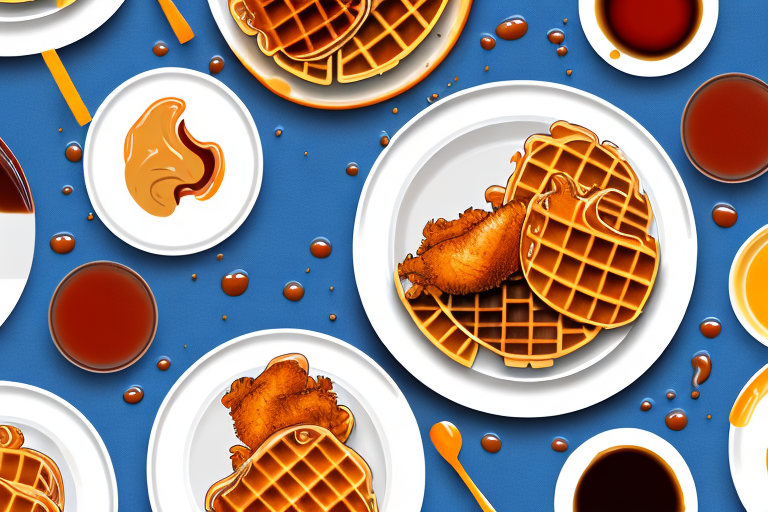 A plate of chicken and waffles with different levels of syrup