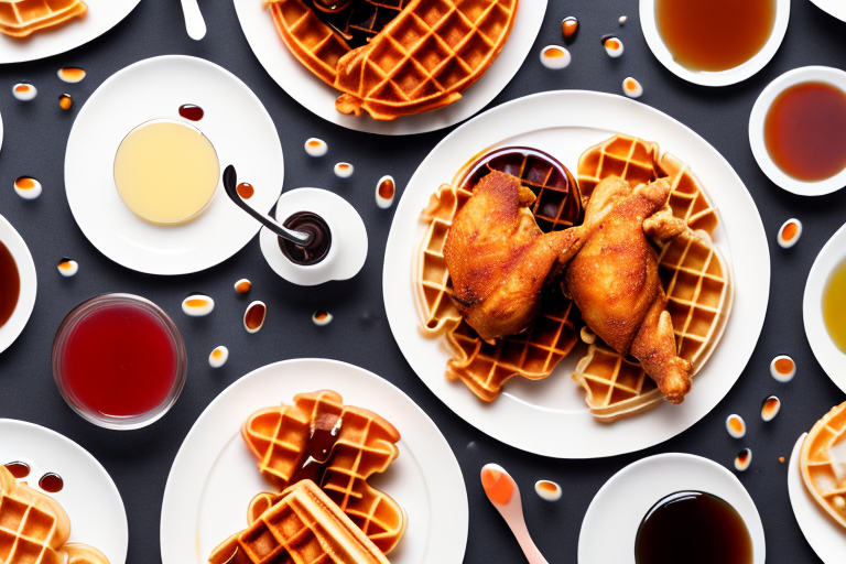 A plate of chicken and waffles with a variety of different syrups of varying viscosities