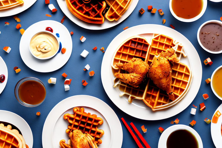 A plate of chicken and waffles with a variety of unique flavor combinations