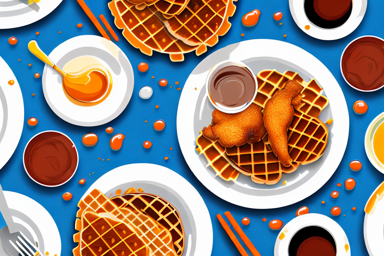 A plate of chicken and waffles with a colorful syrup flavor infusion
