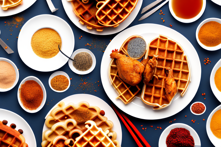 A plate of chicken and waffles with different types of seasonings