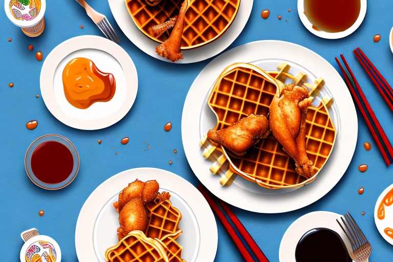 A plate of chicken and waffles with a unique syrup presentation