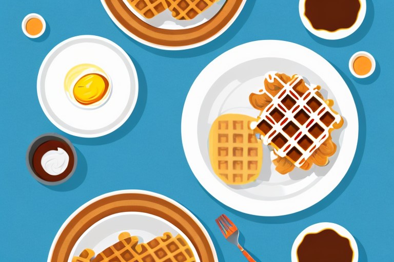 A plate with a stack of waffles and a piece of fried chicken