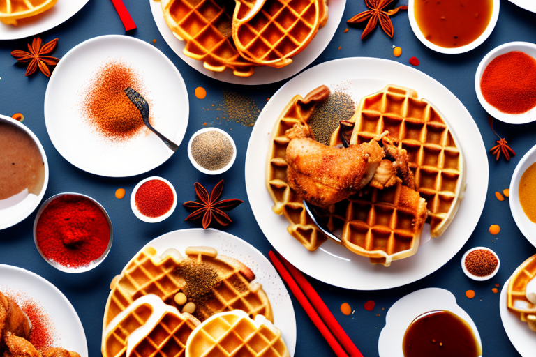 A plate of chicken and waffles with international flavors