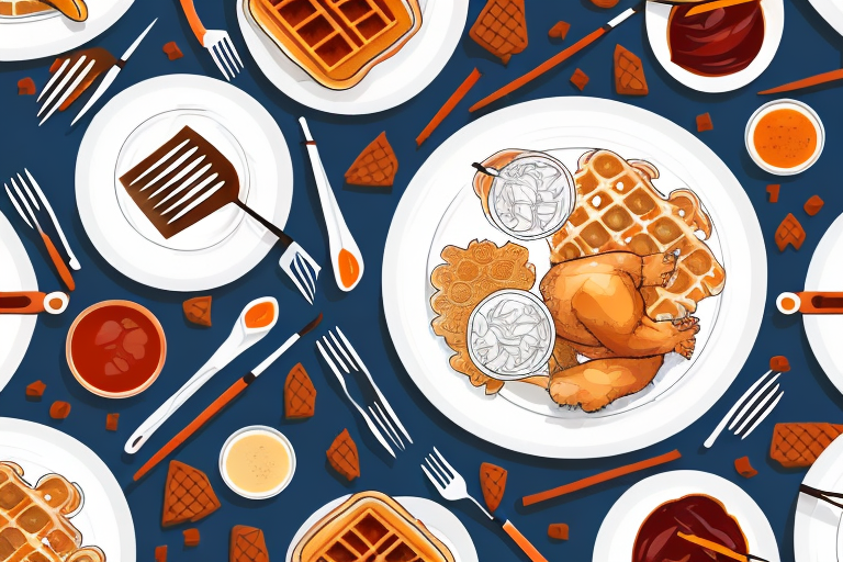 A plate of chicken and waffles with bone-in chicken thighs and drumsticks