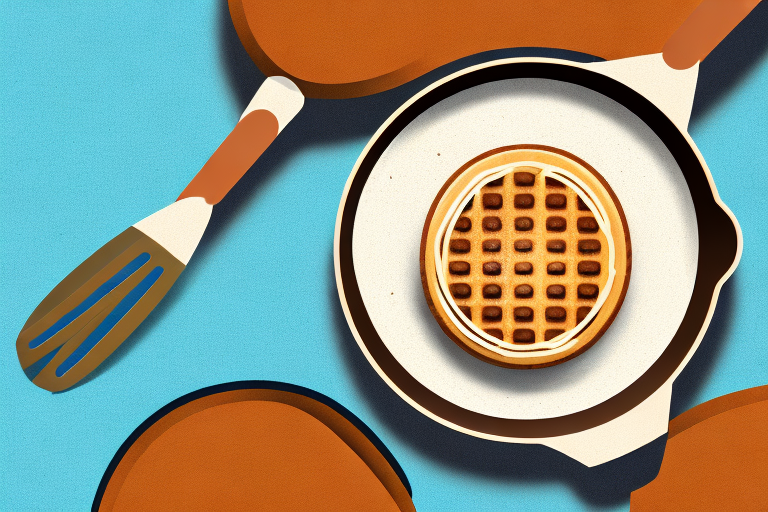 A golden-brown waffle with a spatula flipping it in a skillet