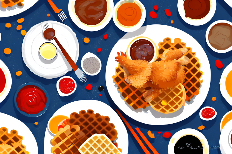 A plate of chicken and waffles with unique ingredients and condiments
