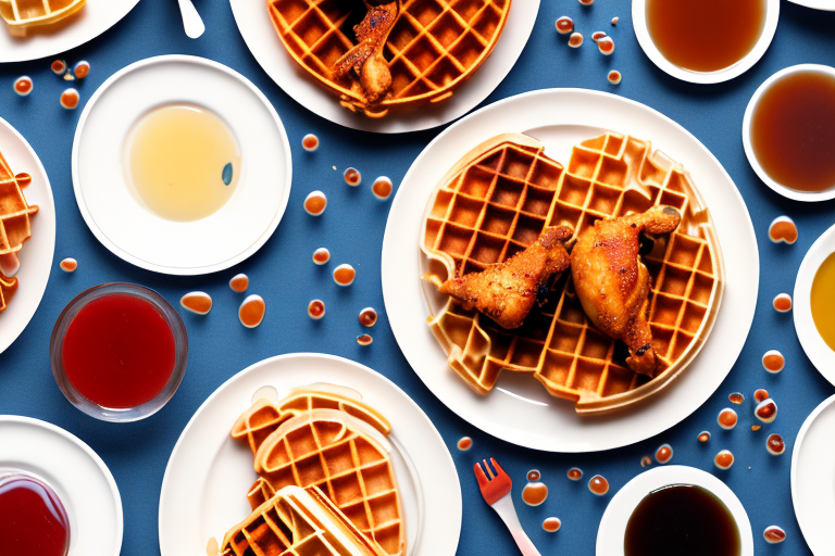 A plate of chicken and waffles with a variety of syrups