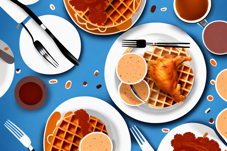 A plate of chicken and waffles with a fork and knife on the side