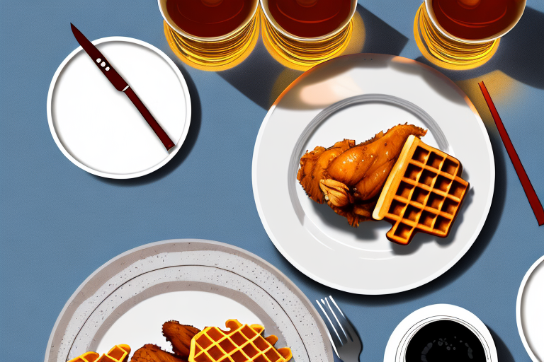 A plate of chicken and waffles with a beer glass beside it