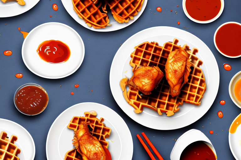 A plate of chicken and waffles with hot sauce drizzled over the top
