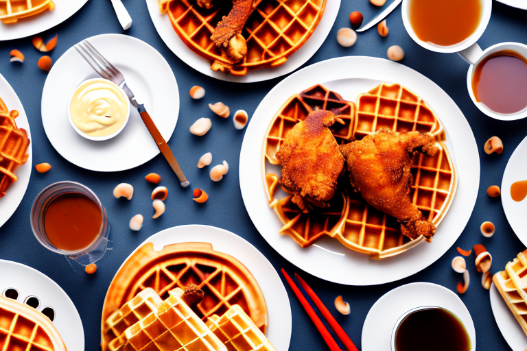 A plate of chicken and waffles with a background of historical and cultural elements