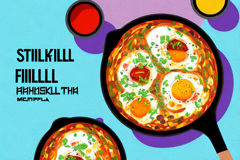 A skillet filled with a colorful shakshuka dish