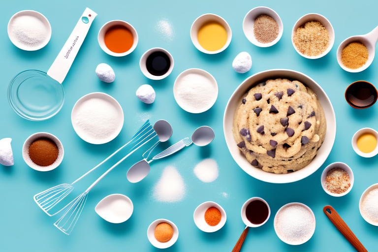 A bowl of raw cookie dough with ingredients and utensils