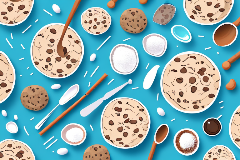 A bowl of cookie dough with ingredients and utensils