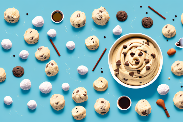 A bowl of cookie dough with ingredients scattered around it