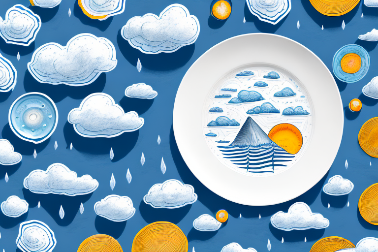 A plate with a variety of weather-related items arranged in a creative way