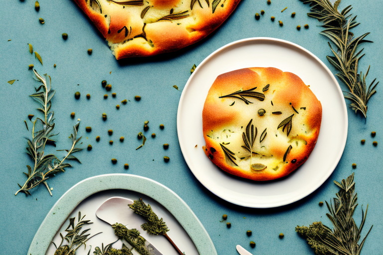 A plate of freshly-baked focaccia with herbs and olive oil