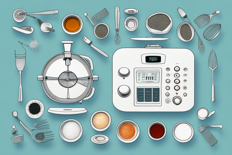A thermomix with various ingredients and utensils around it