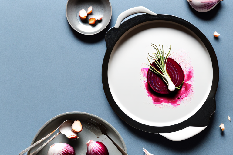 A pan with a poached beetroot and garlic dish