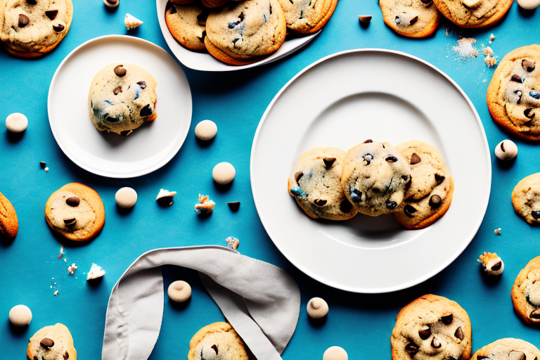 A plate of freshly-baked cookies with a bowl of cookie dough beside it